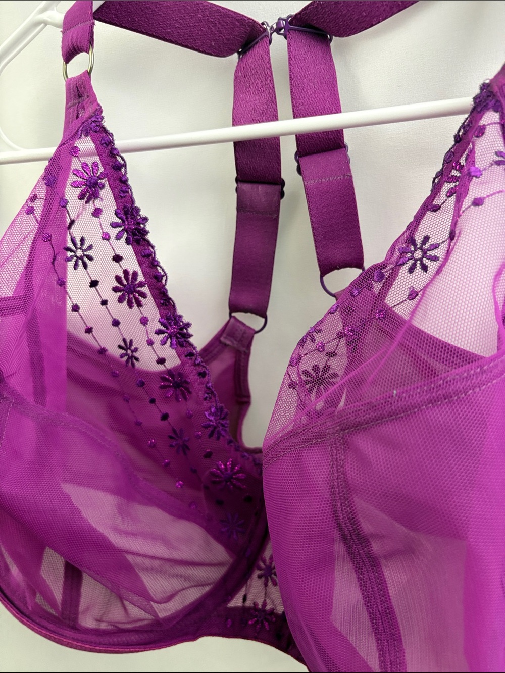 Elomi Womens Matilda Underwire Bra Size 42K US Purple Lace Sheer Floral Plunge - Picture 3 of 7